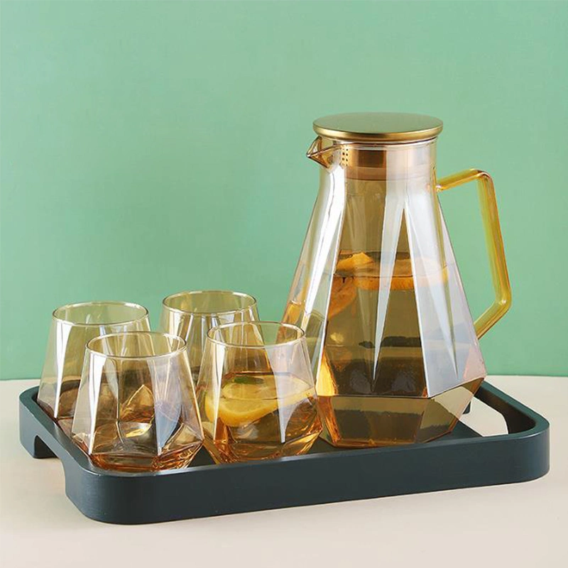 Custom 1.5L Hand Blown Plating Amber Color Borosilicate Diamond Water Jug Coffee Kettle Glass Pitcher Set with Stainless Steel Lid