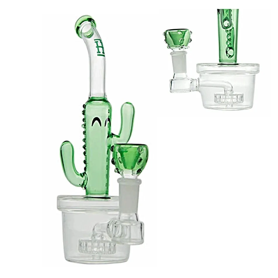 7 Inches Bent Neck Hookah Cactus Shape Glass Pipe with Showerhead Percolator and 14mm Female Joint