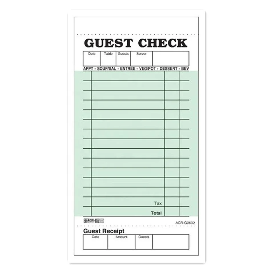 Single Part Perforated White 6.75X3.4 Inch Guest Carbonless Check Book Pad