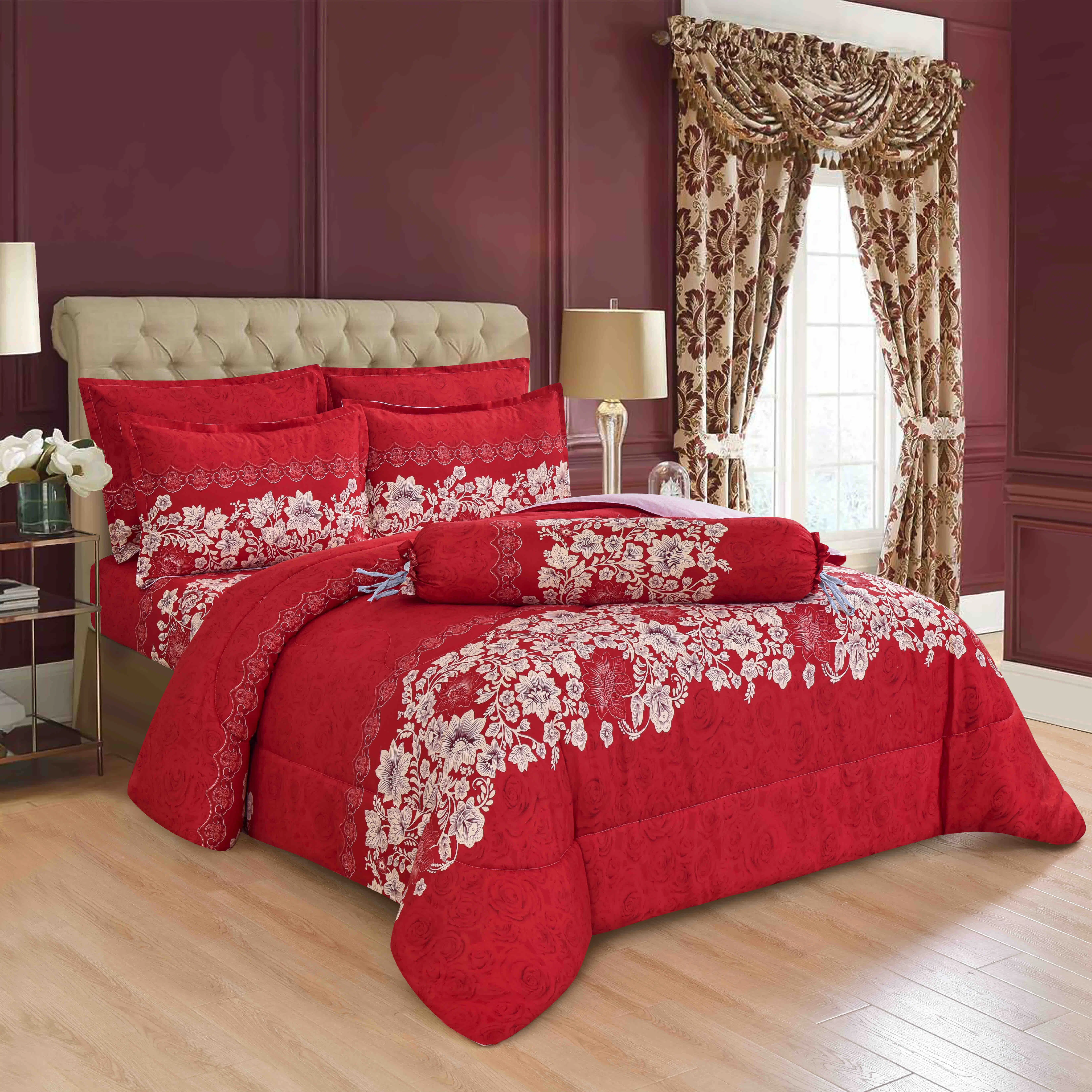 OEM/ODM Red Quilted Blanket High Quality Brushed Polyester Bedding Quilt 4/6/7/8/10 Piece Bedsheet Pillow Sham Microfiber Sanding Printed Textile Comforter Set