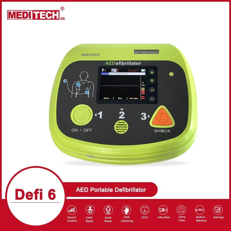 Défibrillateur automatisé externe Meditech Defi6 disponible dans de nombreuses langues, DAE portable pouvant être installé à domicile dans les lieux publics ou dans les hôpitaux.