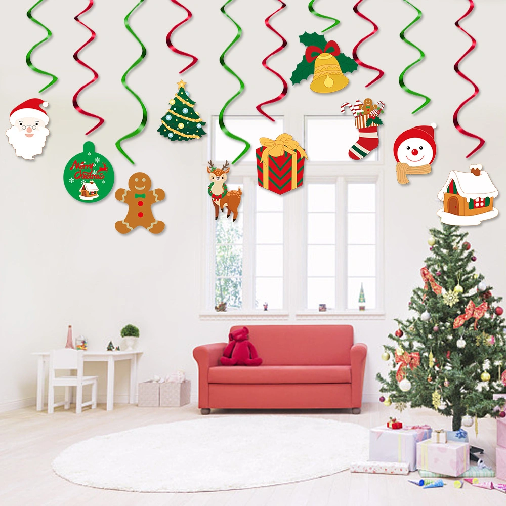 Christmas Spiral Hanging Swirl Decoration Santa Claus Elk Snowman Small Bell Birthday Party Decorations Festival Decorations Double Helix Hanging Decorations