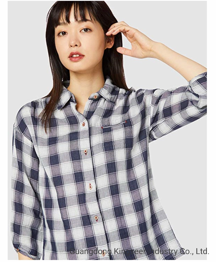 Lady New Fashion Langarm Baumwoll-Stoff Gestreift Karomuster Gingham Casual Shirt Bluse Bekleidung für Damen