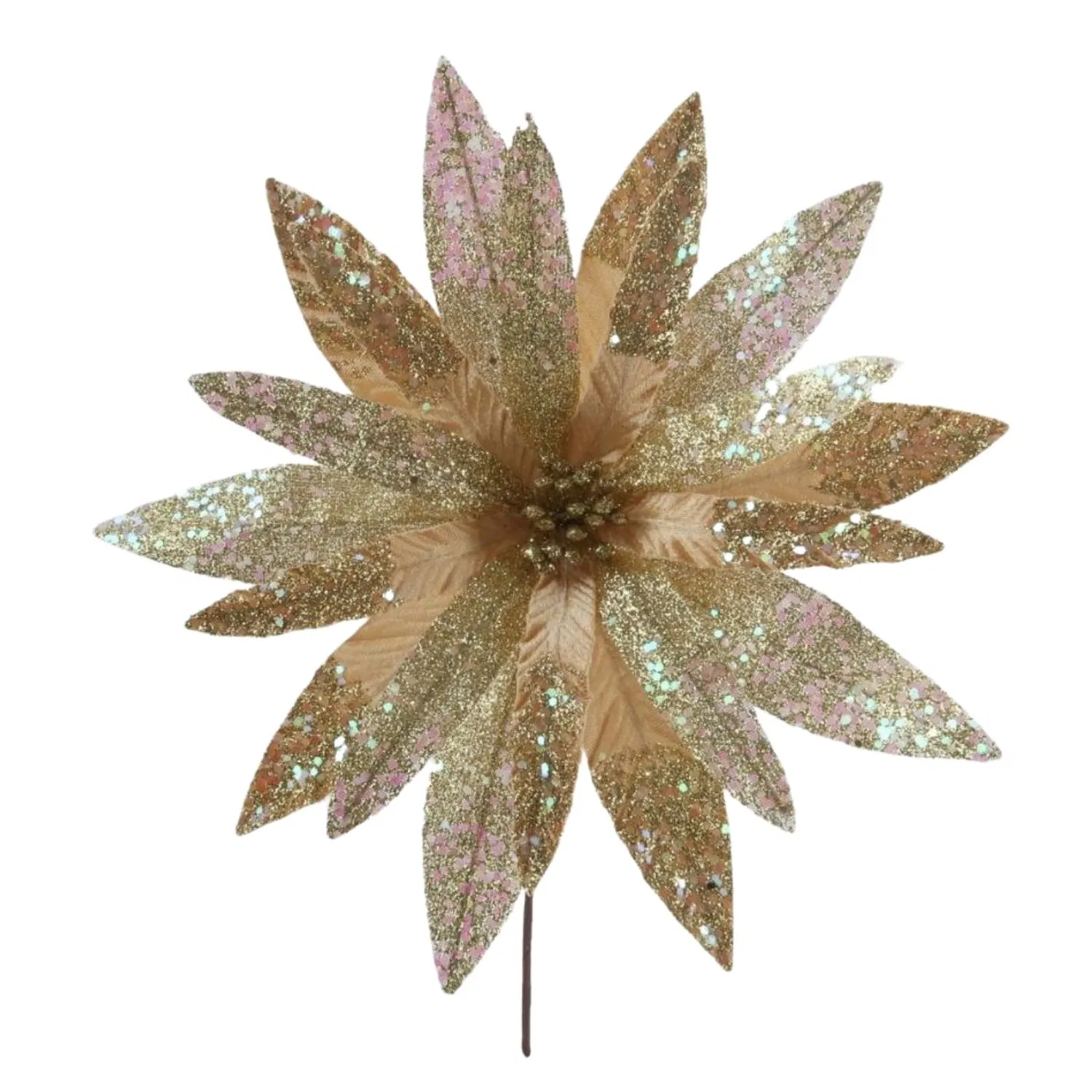 Faux Flowers Xmas Tree Decoration New Year Ornaments Custom Artificial Floral Stem Sequins Christmas Glitter Poinsettia Flower