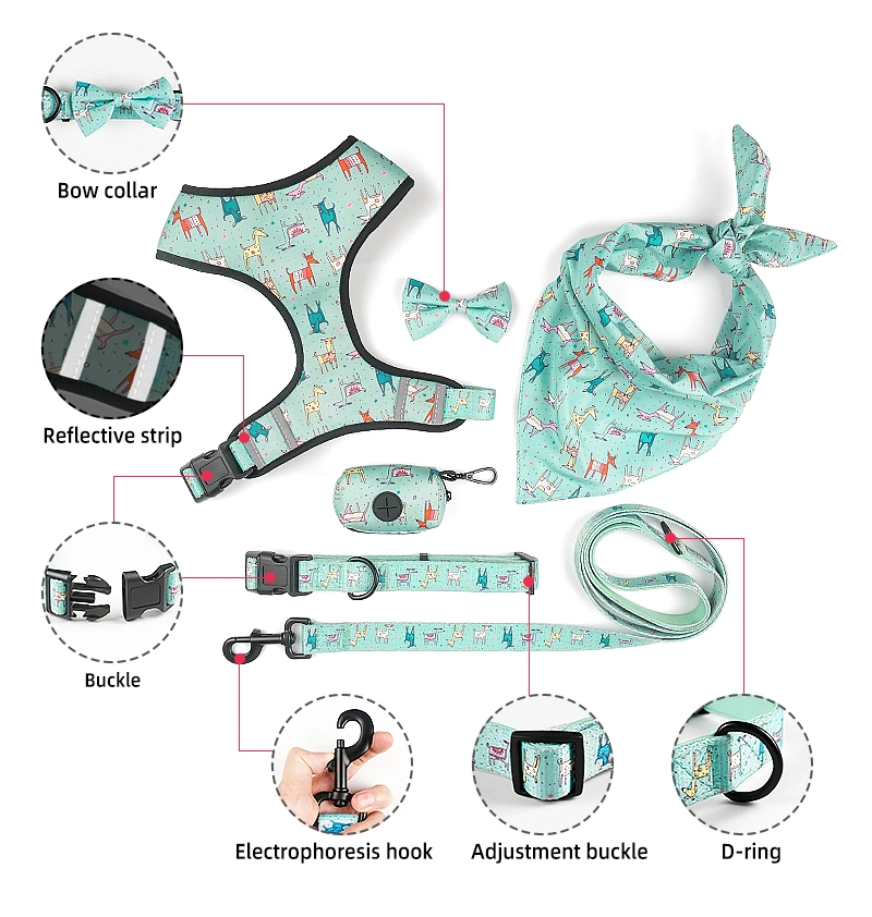 Pet Accessories 6 in 1 Set Neoprene Custom Pattern Printing Polyester Dog Harnees/ Collar/ Bowtie/ Poo Bag/ Bandana/ Leash