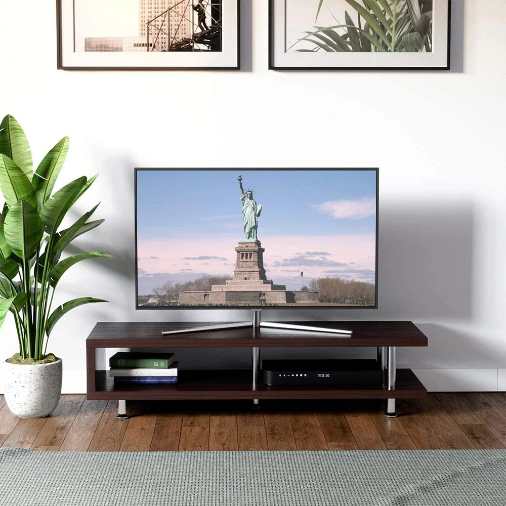 Kurzer TV-Ständer mit 2-Regal Lagerung, 47inch Medienmöbel Holz Aufbewahrungskonsole mit Stahlrahmen, Hollow Core Entertainment Center/Couchtisch