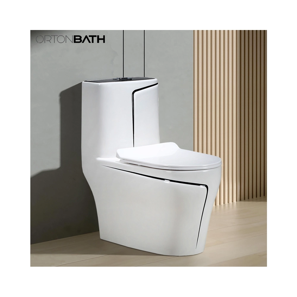 Ortonbath Elongated Floor Mounted Sanitary Ware Dual Flush One Piece Black Bathroom Ceramic Toilet Colorful Black Line Toilet Wc with P S Trap Toilet Seat Cover