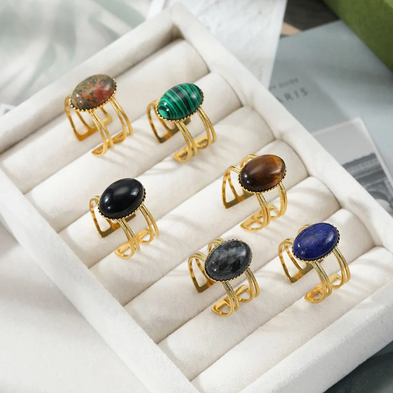 Chapado en oro 18K de acero inoxidable Abrir el anillo de piedras La Piedra Natural anillo ajustable para la Mujer