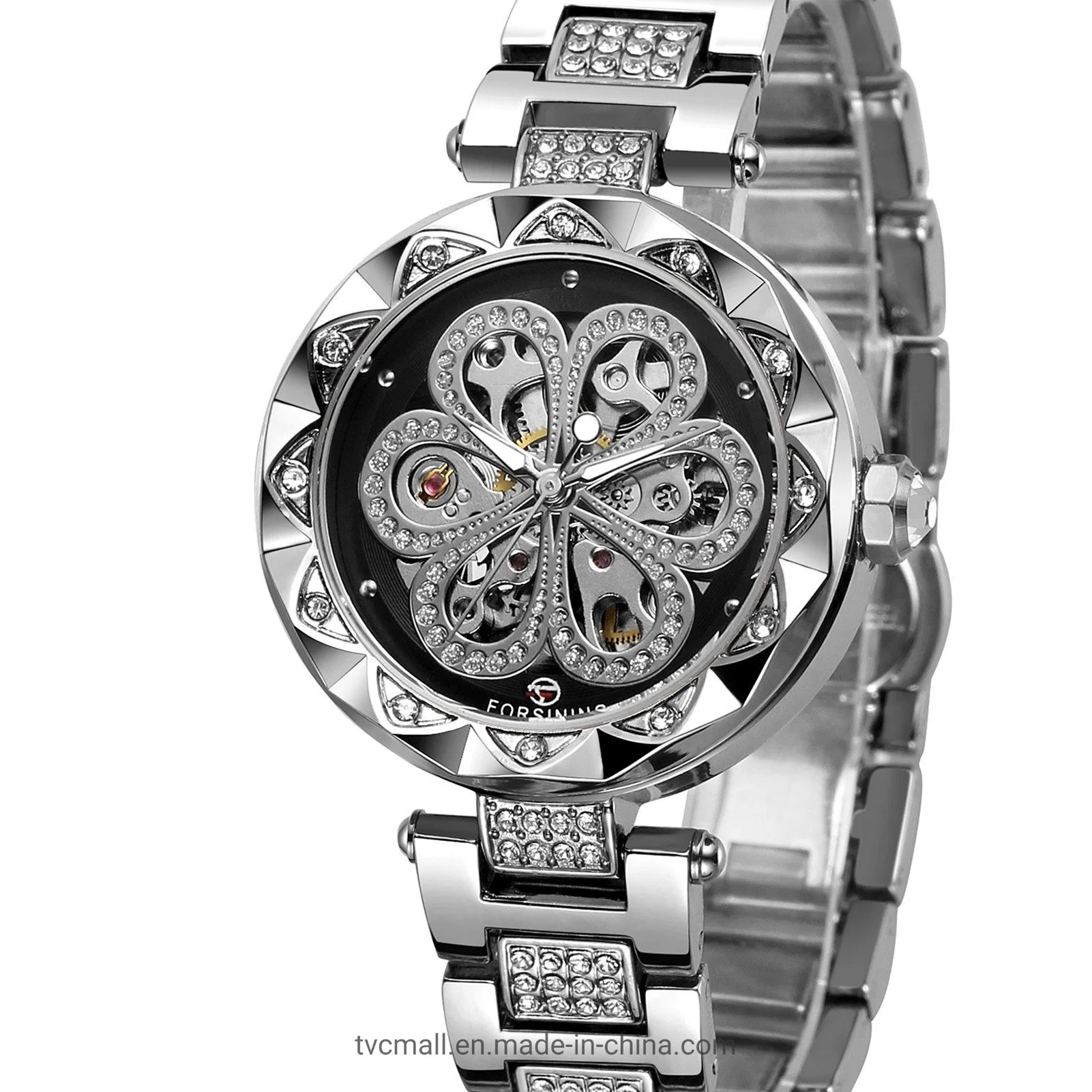 Reloj de mujeres Forsining Relojes mecánicos automáticos con correa de acero inoxidable Classic Hollow Diseño luminoso Display Wristwatch de moda - Negro / Plata