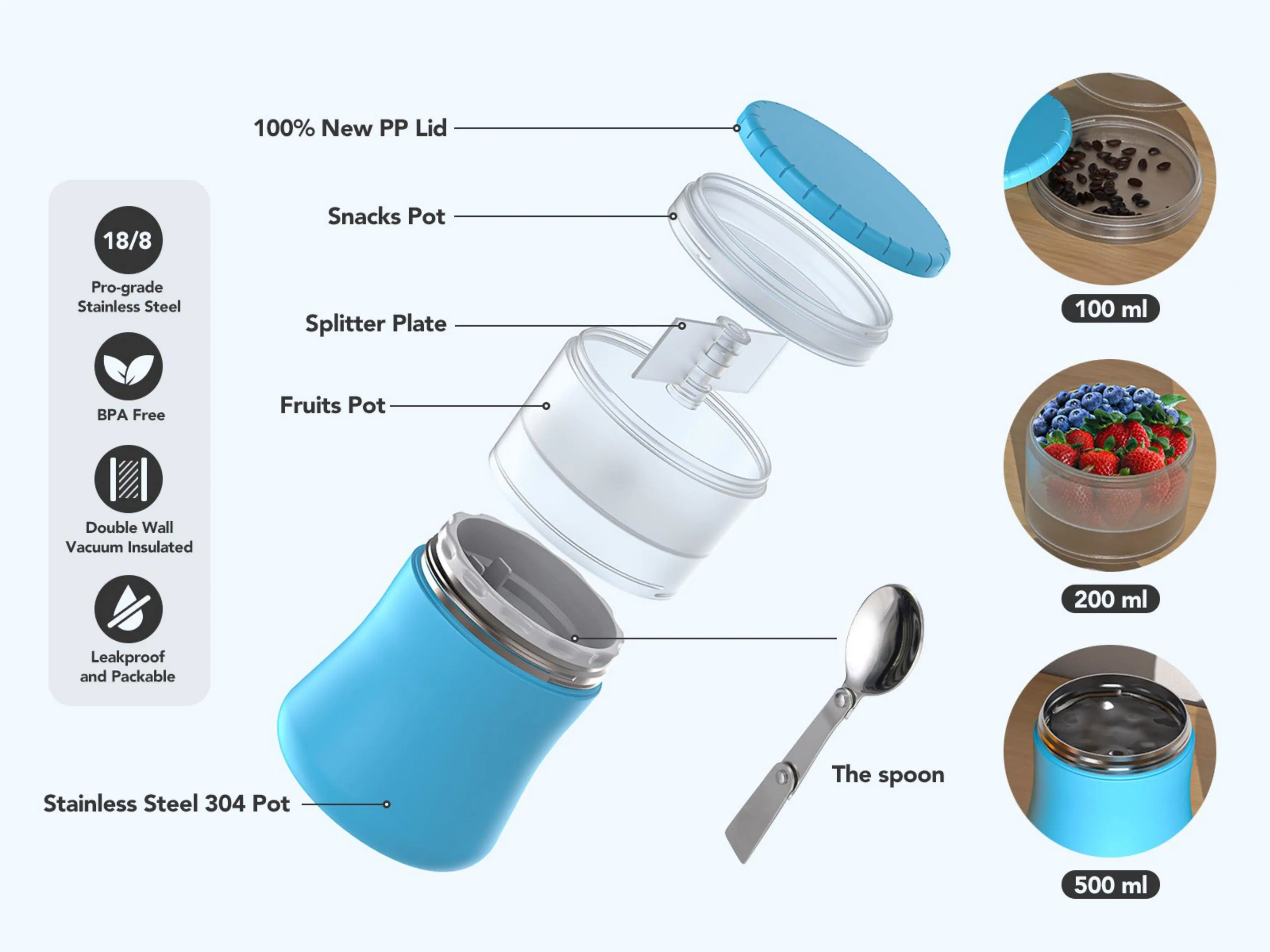 2 en 1 pot de yogourt &amp; déjeuner chaud et froid en acier inoxydable 304 de maintien