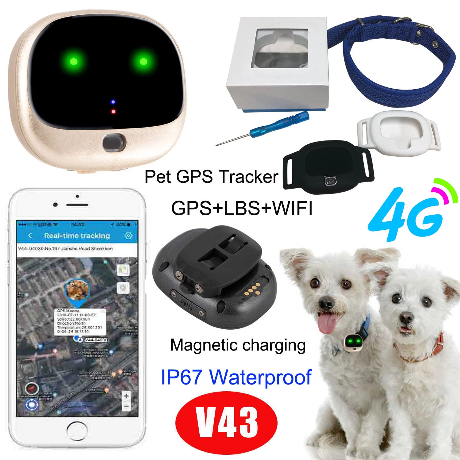 Newest 4G IP67 Waterproof Small Real-Time Tracking Device Pet GPS Tracker for Dogs Cats with Anti Lost Alarm V43