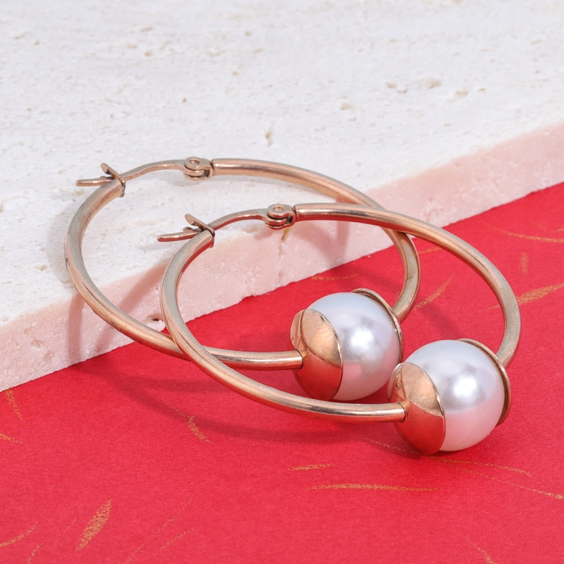 El temperamento de la moda de joyería de acero inoxidable círculo redondo Pearl Hoop Earrings geométrica simple gran Hoop Earrings Mujeres