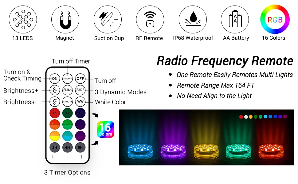 Las luces LED con imanes, aspiradores, 13 LED luces LED resistentes al agua bajo el agua con Control Remoto RF, accionado por batería de la luz de la decoración para la piscina,Estanque,piezas centrales,Foun