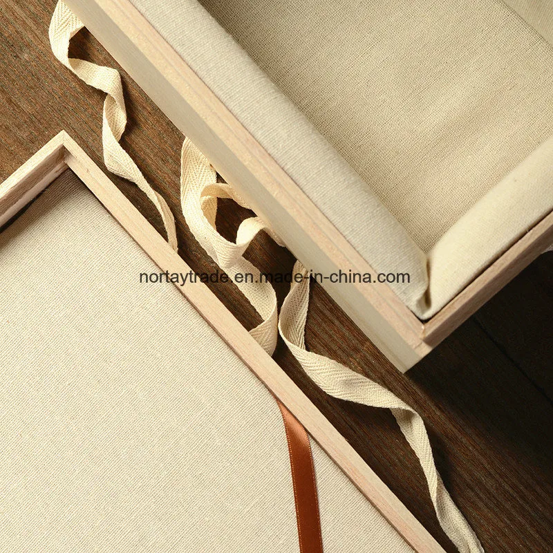 Solid Wood Box Rectangle with White Ribbon Fabric Art Decoration Inside Wood Storage Box