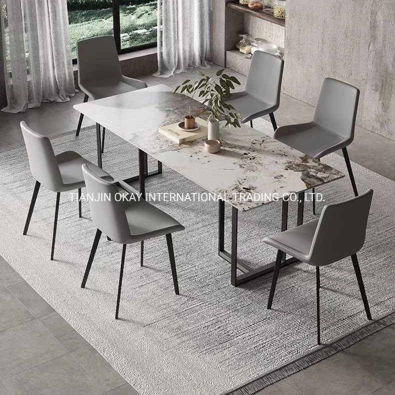 Modern Contemporary Nordic Stainless Steel Rectangular Ceramic Marble Top Dining Room Table Mesas Sets Furniture with Chairs