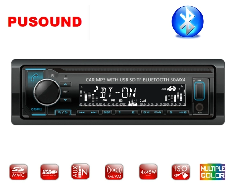 مشغل MP3 للسيارة بحجم DIN واحد مع USB SD FM Bluetooth عبر شاشة متعددة الألوان