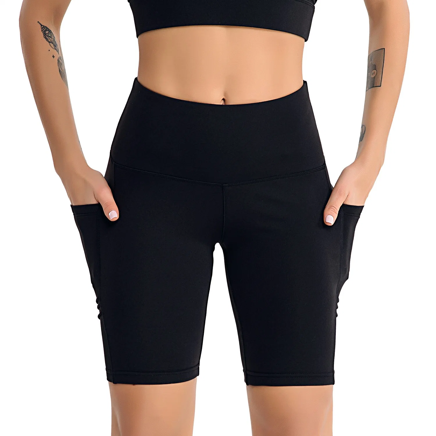 Taille haute Yoga Shorts poches latérales Fitness Entraînement athlétique de l'exécution Bike Shorts