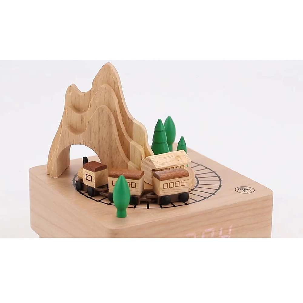 Children Gift Wooden Countryside Decorative Music Box LED Alarm Clock