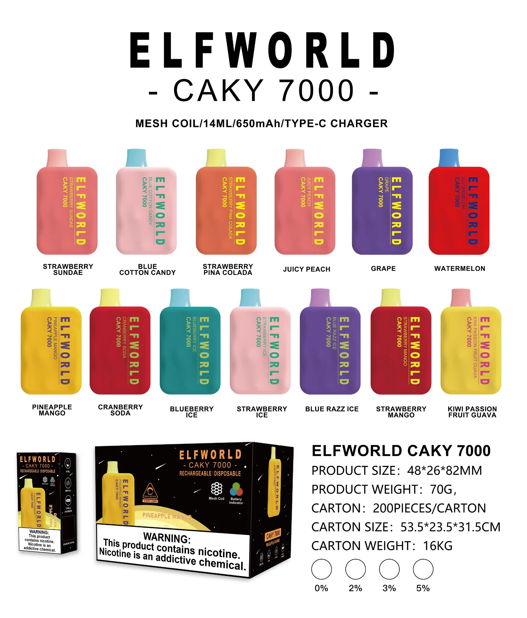 Elf World Puff Wholesale/Supplier I Electronic E cigarette Bar 7000 Puffs Vape jetable 14ml 0% 2% 3% 5% sel de nicotine E système à dosettes remplaçables par liquide Vapes Caky 7000