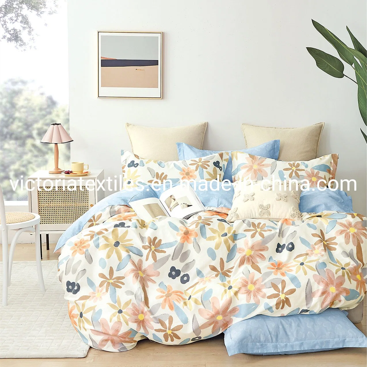 Spring Flower Printed Cotton Bedding Blanket Cover Set, 4PCS Bed Cover Set