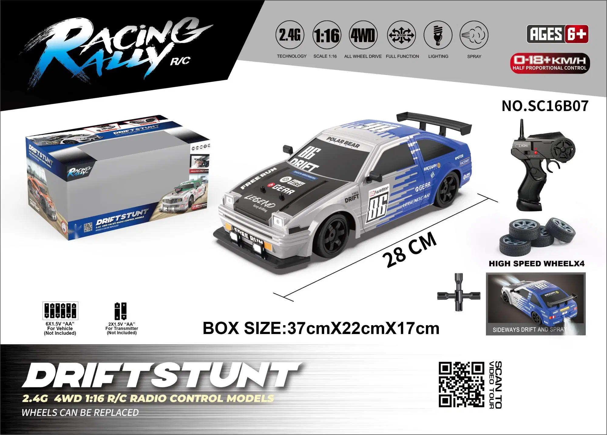 Nouveau produit 1 : Voiture de dérive 4WD à 16 simulations avec boîte vitrine, LED, fonction fumée, voiture télécommandée à une distance de 35 mètres.