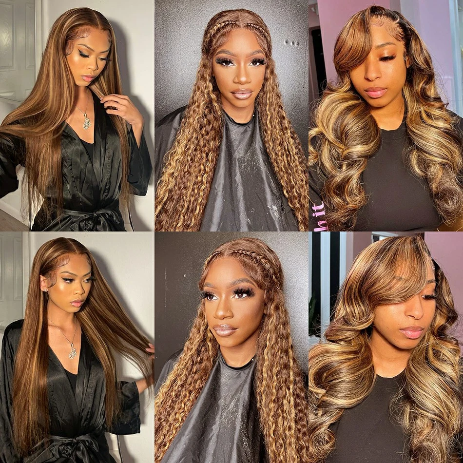 Frontal Wig Honey Brown Ombre Highlight Human Hair Closure Wigs