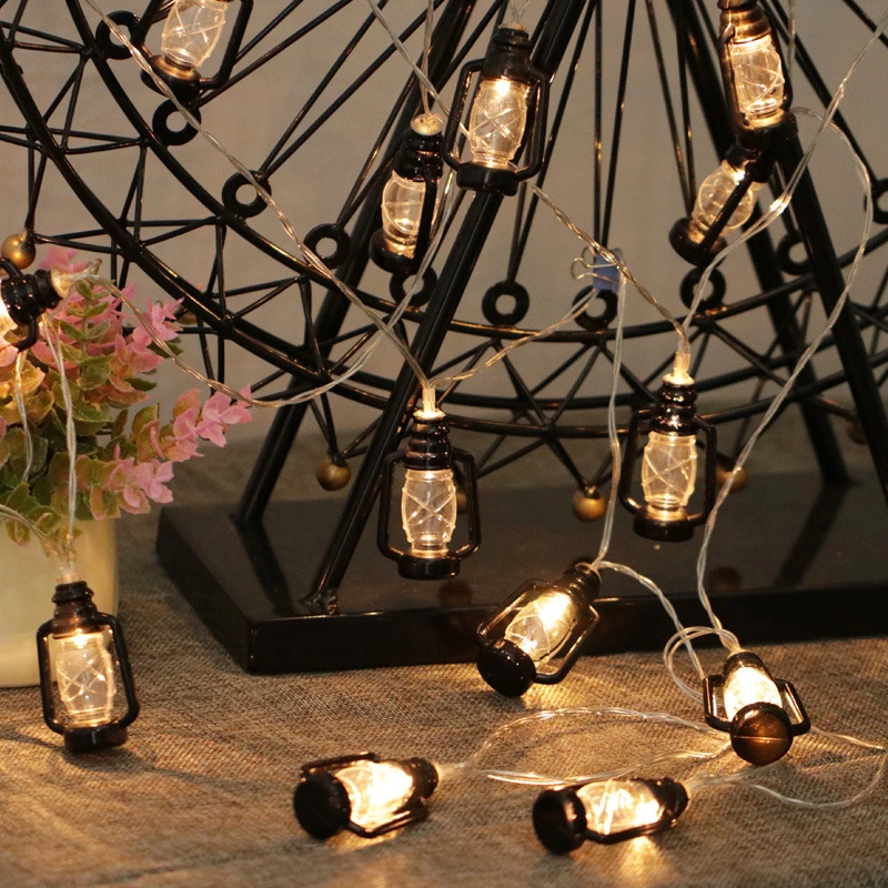 10 LED Lantern String Lights Mini Black Kerosene Lamps for Indoor Outdoor Camping Patio Garden Holiday Home Ramadan Wedding Party Decoration