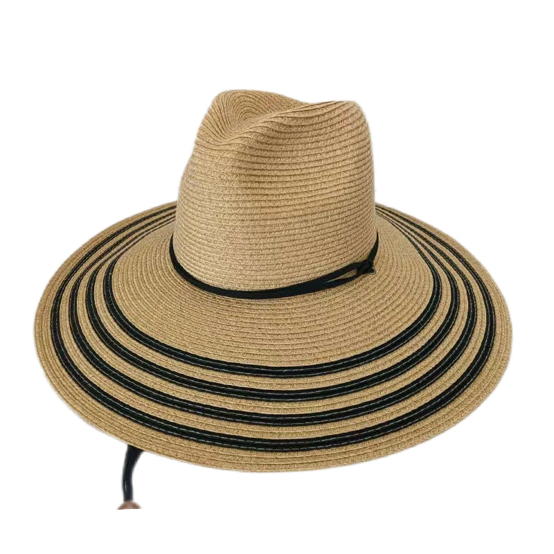 Chin Embellecedor Cable marrón liso teñido de verano en la playa de Panamá a granel Sombrero de Paja Dama Unisex de vigilante de sombreros de paja al por mayor