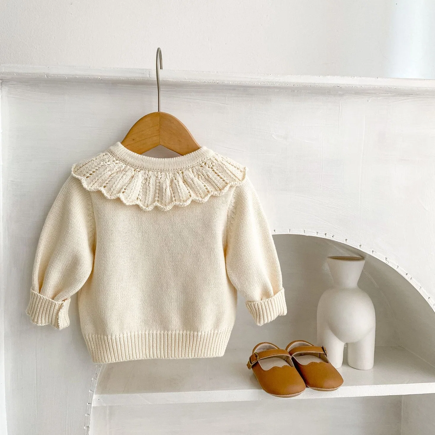 Spring Girl Baby Rompers Flowers Embroidered Lotus Leaf Collar Knitted Pure Cotton Baby Infant Sweater