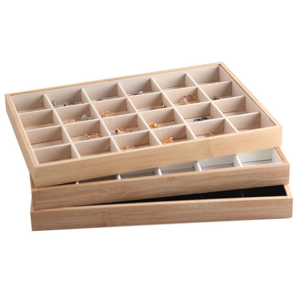 Bamboo Wood Stackable Jewelry Display Trays Case Necklace Earrings Storage Showcase