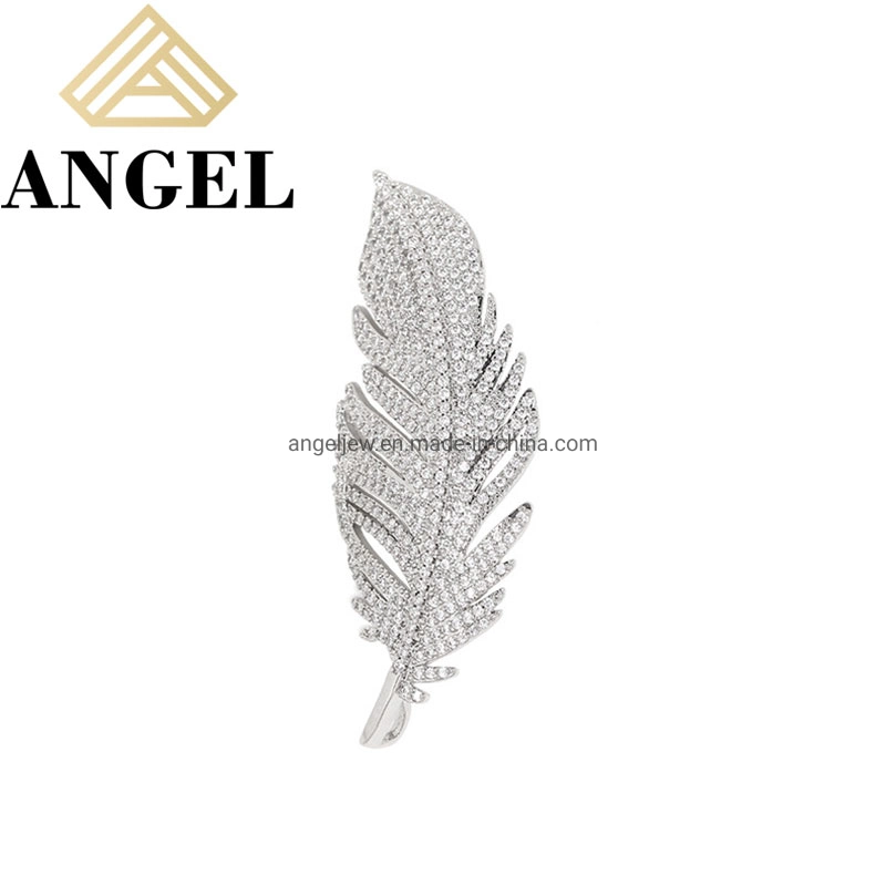 Fashion S925 Sterling Silver Feather Design Micro Setting Elegant Brooch for Girls