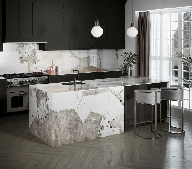 Luxury Porcelain Tile Kitchen Worktop Sintered Stone Pandora Waterfall Edge Granite Countertop