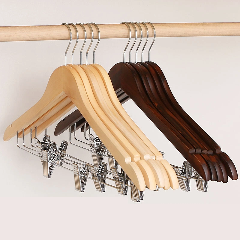 High-Quality Hotel Wooden Hangers of Solid Wood in Natural/Dark/Cherry Finish with Metal Chrome Hook or Bottom Bar for Coat/Suit/Shirt for Luxurious Hotels