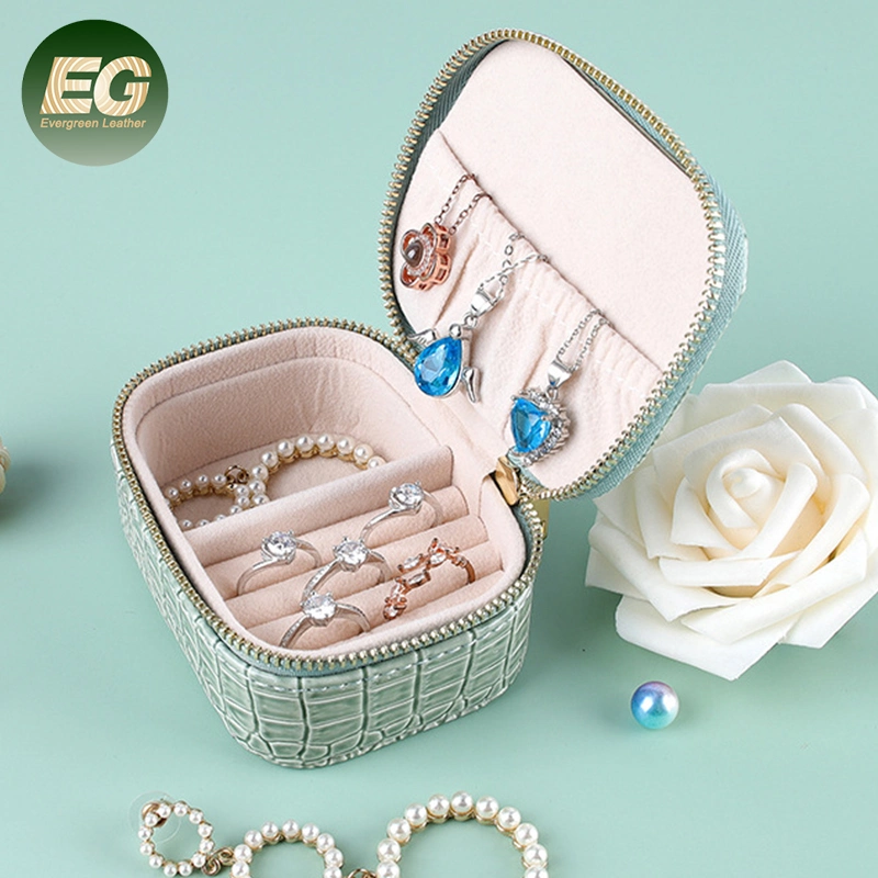 Ea284 Small Zipper Portable Necklace Ring Earring Custom Box Organizer Bracelet for Display Travel Leather Jewelry Travel Case