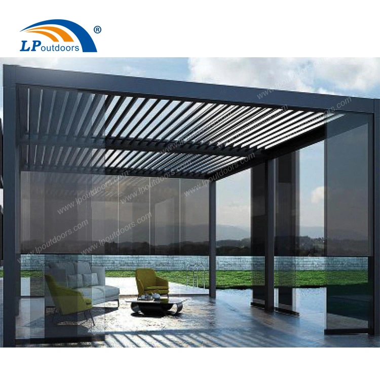 Aluminio sombra de sol Jardín eléctrico impermeable Gazebo Louvre techo Pergola con Luz LED