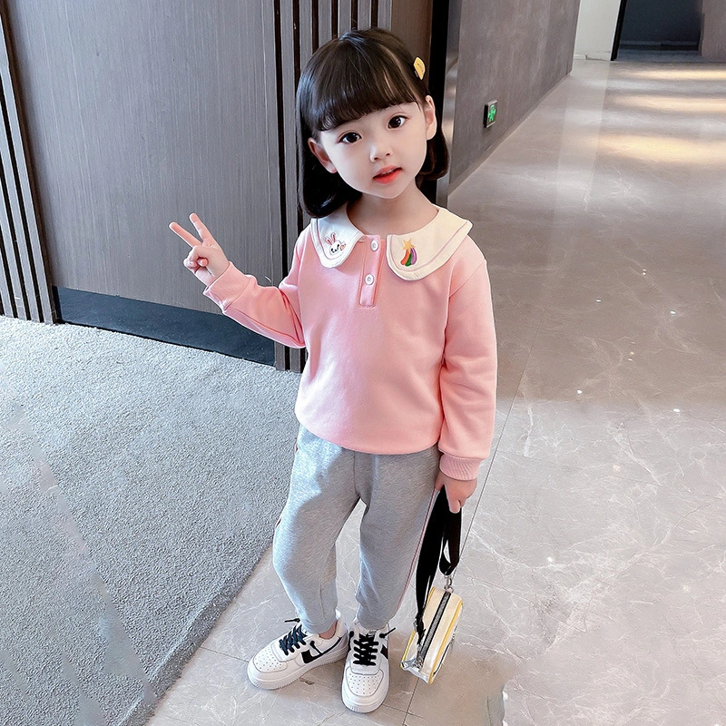 Children's Suit Female Small Children Cartoon Animal Big Flower Collar Top Rainbow Closure Trousers Spring and Autumn Female Baby Two-Piece Set