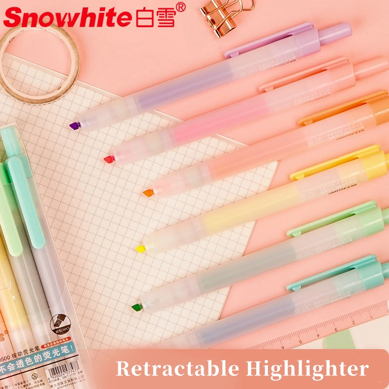 Snowhite Retractable Highlighters, 6 Pack, Pastel Colors, Chisel Tip, No Smear Click Highlighter Pen, Pink