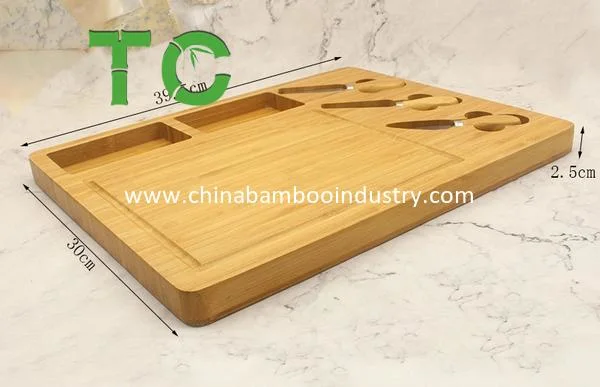 Wholesale/Supplier Large Organic Bamboo Cutting Board with 2 Built-in Compartments and 3 Stainless Steel Tools