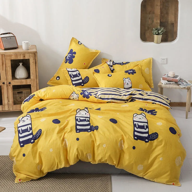 Yellow Color Susliks Print Cartoon Style Boys Girls Room Bedsheet Set with Duvet Cover and Pillowcase