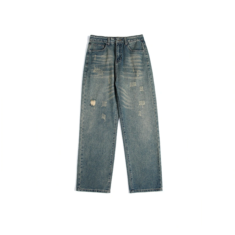 High quality/High cost performance  Custom Label Wash Ripped Straight Leg Jeans for Men