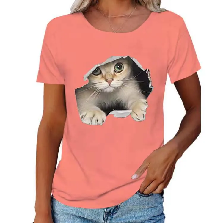 Mayorista/Proveedor personalizadas T-shirt mujer imprimir el gráfico de moda ropa de damas en 3D TEE Camiseta Cat Tops