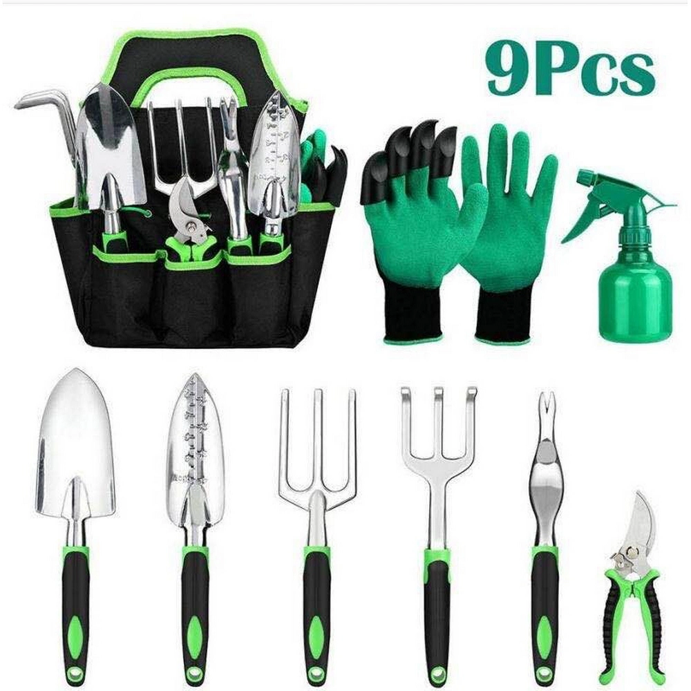 9PC/Set Garden Tools ضع الخشب المتين من الفولاذ المقاوم للصدأ للخدمة الشاقة مقبض مع قفازات أدوات أكياس أدوات يبستن مجموعة أدوات