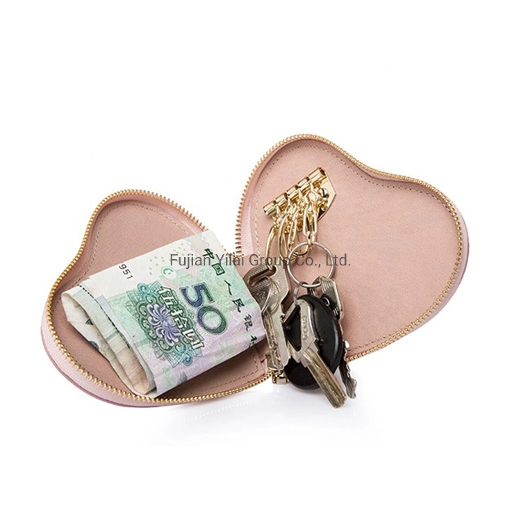 Custom Leather Ladies Coin Purse Pouch Keychain Heart Shape Pouch Wallet Card Holder