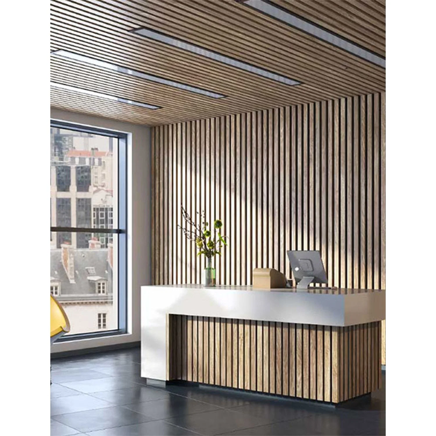 La decoración de interiores material compacto de MDF y listones de madera con fibra de poliéster panel acústico como edificio de oficinas