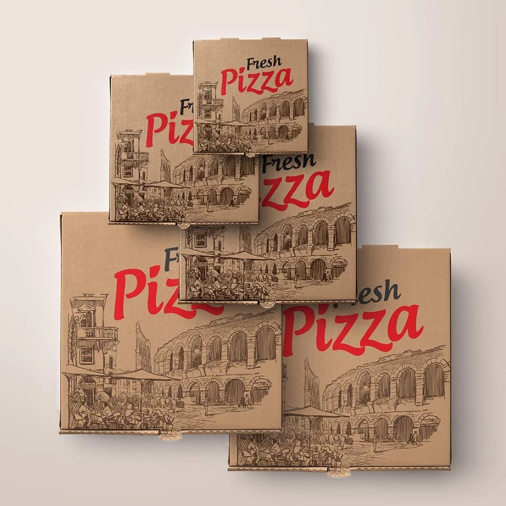 Boîte à pizza, 12 po, 14 po, format personnalisé, boîtes à pizza carton ondulé et blanc, motif logo personnalisé/imprimé, conception d'isolation/poignée