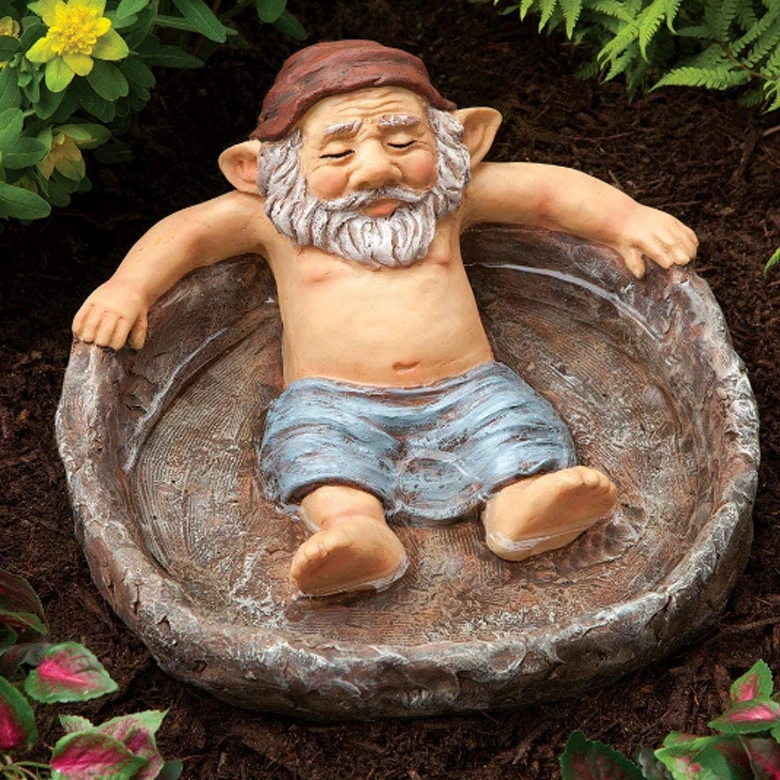 Funny Gnome relajante piscina jardín escultura resina Birdbath comedero para pájaros decoración jardín al aire libre