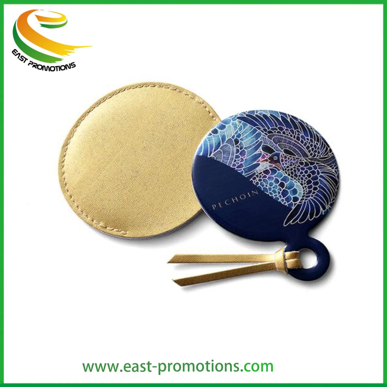 Custom Logo Epoxy Metal Stainless Steel Cosmetic Mirror Leather Pocket Round Mirror for Gift