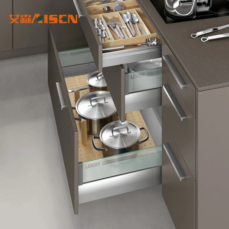 Two-Tangle Style Wooden Grain and Matt Brown Lacquer Kitchen Cabinet Designs Features LED Open Shelf