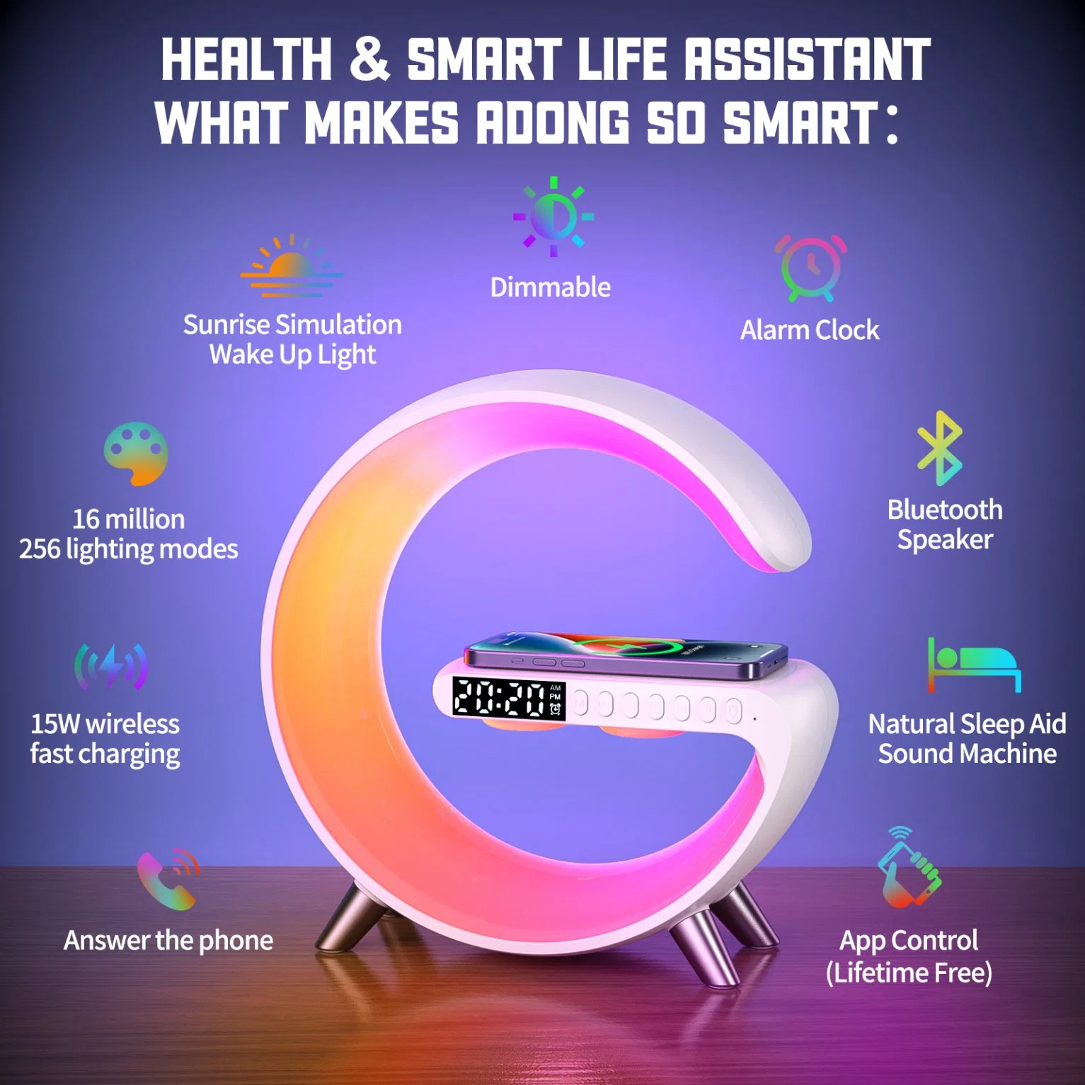 Smart RGB Light Wireless Charger with Music Player Alarm Clock Bedside Wake up Light