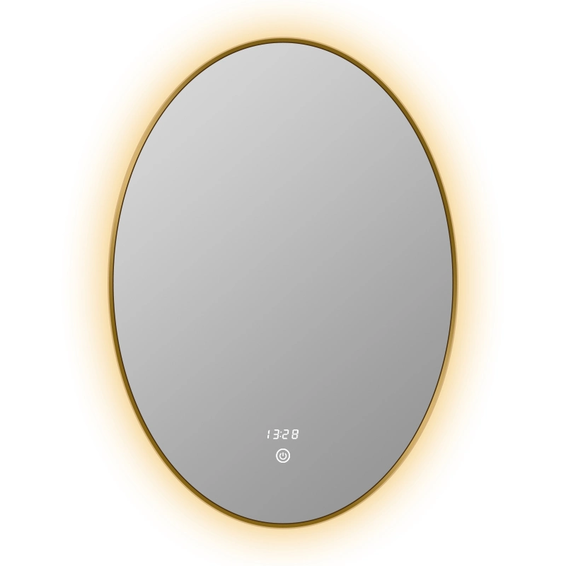 Espelho de banheiro inteligente com moldura de metal simples para hotel, montado na parede em forma oval, com LED, Bluetooth e design moderno.